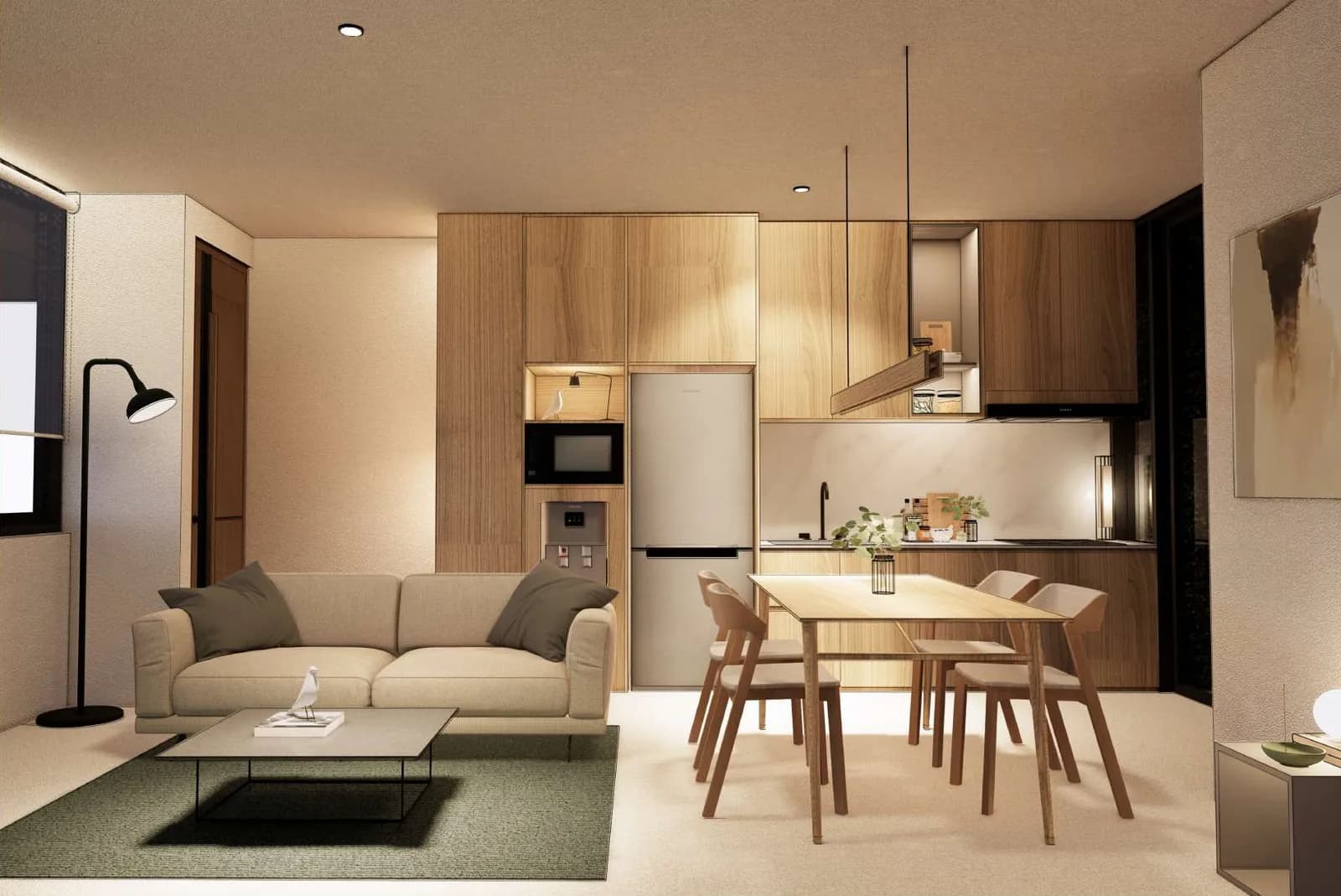 Interior render of the Mahogany living and dining space, kitchen and tall storage along one wall