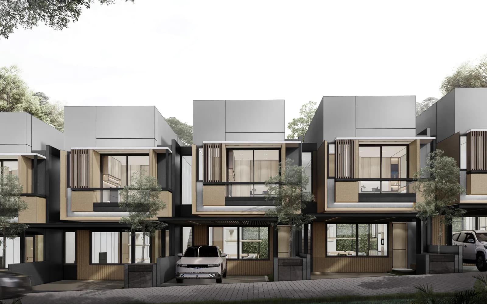 Render of the terrace row at Cabana Residence Cijantung, seen from the cluster lane