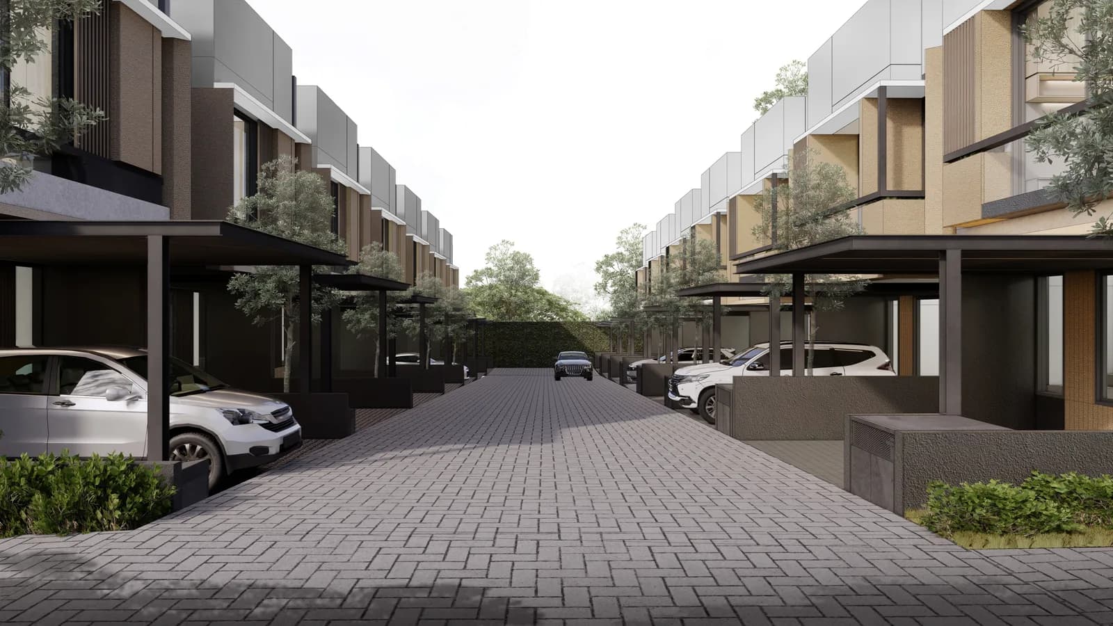 Render of the cluster lane looking towards the rear hedge, houses on both sides