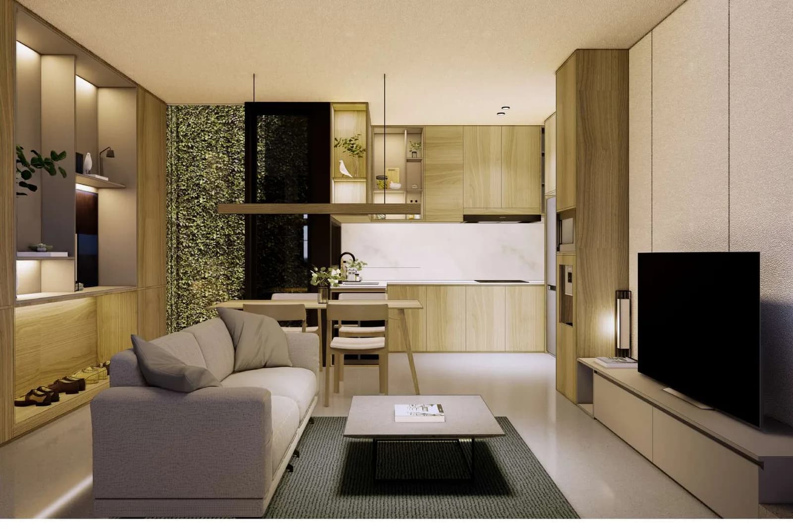 Interior render of the Oak living and dining space, kitchen along the far wall and a planted light court beyond