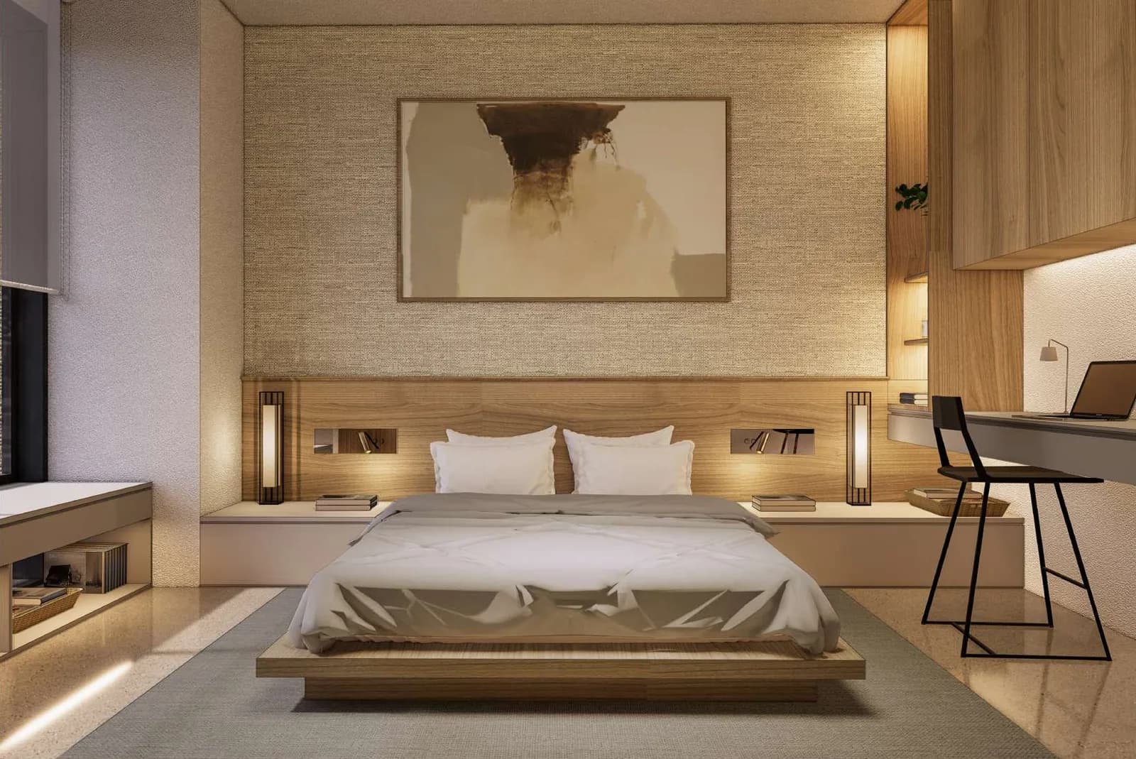 Interior render of the Oak master bedroom, built-in headboard with bedside lighting and a study counter